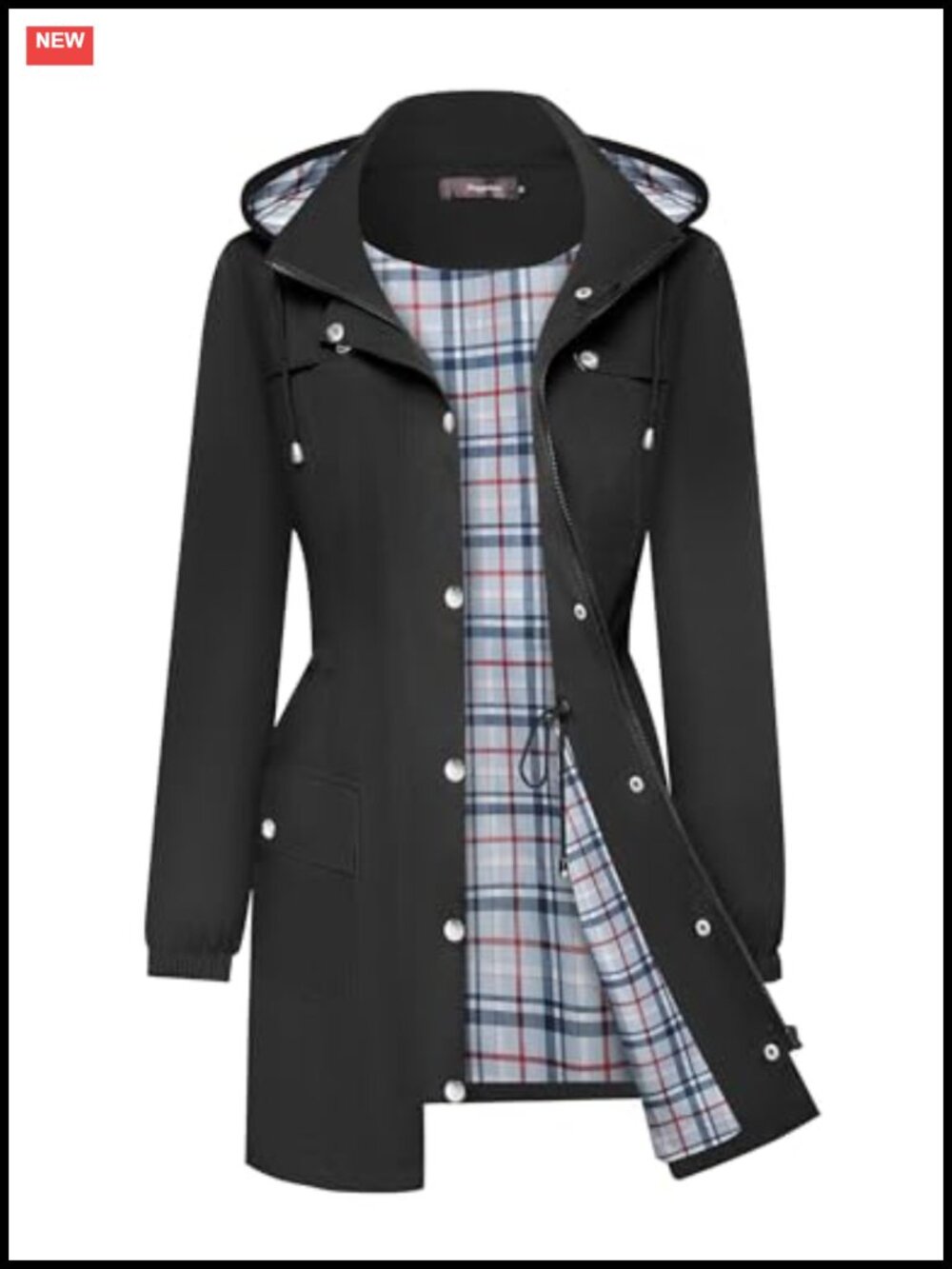 Rain Jacket Lightweight Waterproof Windbreaker Hooded Plaid Lined Trench Coat